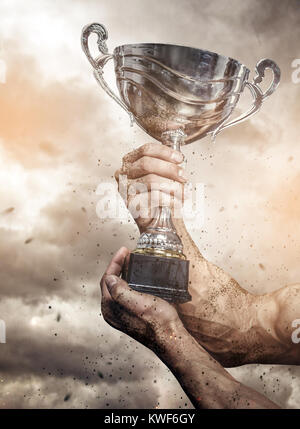 Cropped male arms with winner cup. Stock Photo