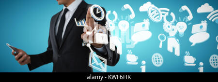 Composite image of mid section of businessman using phone while touching invisible interface Stock Photo
