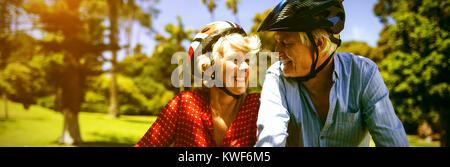 Happy couple riding a bicycle in park Stock Photo