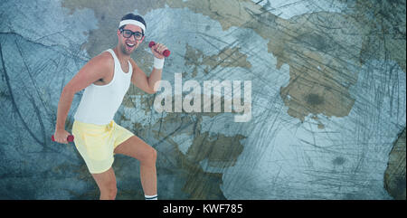 Composite image of geeky hipster lifting dumbbells in sportswear Stock Photo
