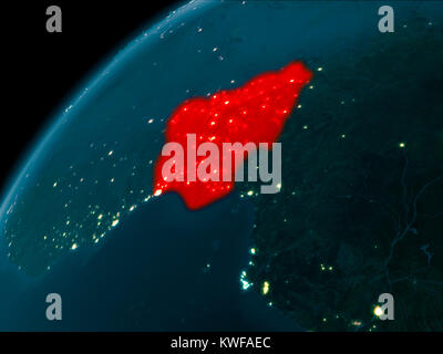 Night map of Nigeria as seen from space on planet Earth. 3D illustration. Elements of this image furnished by NASA. Stock Photo