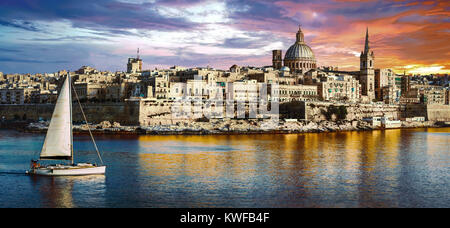 Beautiful  La Valletta over sunset,Malta island,panoramic view. Stock Photo