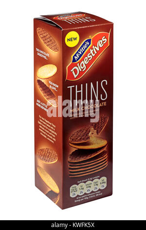 A box of McVities Milk chocolate Digestive Thins Biscuits isolated on a white background Stock Photo