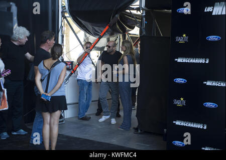 MALAGA, SPAIN - AUGUST 05: Kellan Lutz, Sylvester Stallone, Wesley Snipes, Antonio Banderas and Jason Statham attend the Premiere of 'The Expendables 3' on August 5, 2014 in Malaga, Spain.  People:  Jason Statham Stock Photo