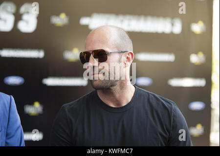 MALAGA, SPAIN - AUGUST 05: Kellan Lutz, Sylvester Stallone, Wesley Snipes, Antonio Banderas and Jason Statham attend the Premiere of 'The Expendables 3' on August 5, 2014 in Malaga, Spain.  People:  Jason Statham Stock Photo