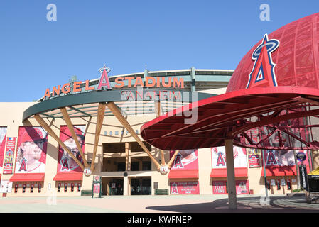 ANAHEIM, CALIFORNIA - FEBRUARY 24, 2017: Main gate entrance to Angel Stadium of Anaheim. The stadium is home to the Los Angeles Angels of Anaheim. Stock Photo