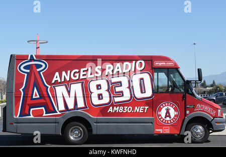 ANAHEIM, CALIFORNIA - FEBRUARY 24, 2017: Angels Radio Van. The van is parked in the Stadium lot with the Big A in the background. Stock Photo