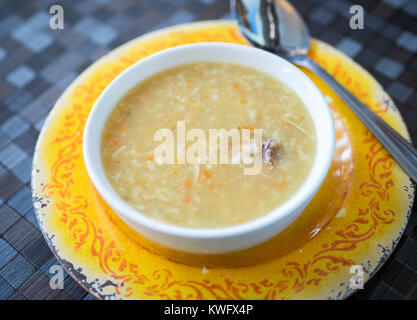 A bowl of homemade turkey soup (homemade chicken soup) from d'Lish by Tish Cafe in Saskatoon, Saskatchewan, Canada. Stock Photo