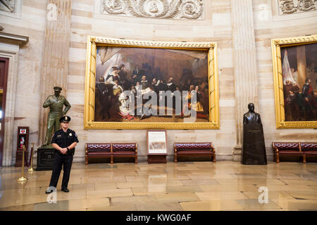 The painting entitled Embarkation of the Pilgrims by American artist Robert W. Weir is hung in the US Capitol Hill rotunda. Stock Photo