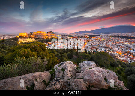 View of Acropolis from Filopappou hill at sunrise, Greece. Stock Photo