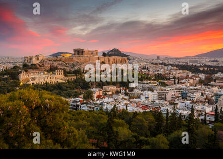 View of Acropolis from Filopappou hill at sunrise, Greece. Stock Photo