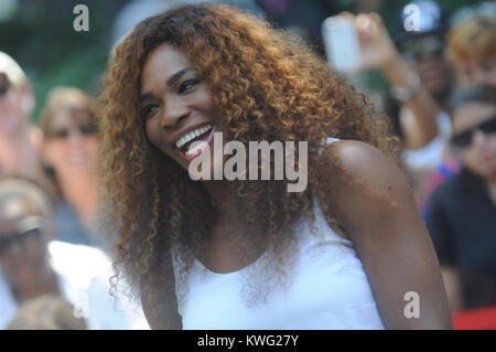 NEW YORK, NY - AUGUST 21: Delta Air Lines hosts the 'Delta Open' celebrity table tennis tournament with Serena Williams, New York Ranger Henrik Lundqvist, New York Knick Iman Shumpert, New York Yankee Brett Gardner and Mrs. Met at Madison Square Park on August 21, 2013 in New York City   People:  Serena Williams Stock Photo