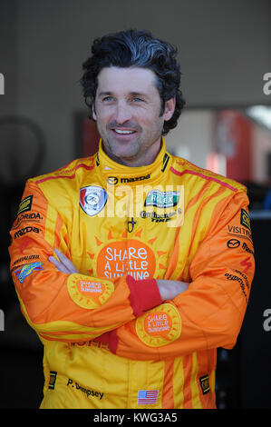 DAYTONA  BEACH FL - JANUARY 06:  Grey's Anatomy actor Patrick 'McDreamy' Dempsey is starting to show his age a bit as he is seen with a grey streak in his head. Patrick Galen Dempsey (born January 13, 1966) is an American actor, known for his role as neurosurgeon Dr. Derek Shepherd ('McDreamy') on the medical drama Grey's Anatomy. Dempsey is sighted during testing for Rolex Sports Car Series Rolex 24 at Daytona International Speedway on January 6, 2012 in Daytona Beach, Florida  People:  Patrick Dempsey Stock Photo