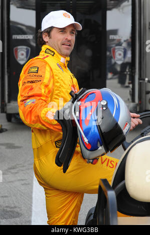 DAYTONA  BEACH FL - JANUARY 06:  Grey's Anatomy actor Patrick 'McDreamy' Dempsey is starting to show his age a bit as he is seen with a grey streak in his head. Patrick Galen Dempsey (born January 13, 1966) is an American actor, known for his role as neurosurgeon Dr. Derek Shepherd ('McDreamy') on the medical drama Grey's Anatomy. Dempsey is sighted during testing for Rolex Sports Car Series Rolex 24 at Daytona International Speedway on January 6, 2012 in Daytona Beach, Florida  People:  Patrick Dempsey Stock Photo