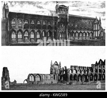 WHITBY ABBEY RESTORED , North Yorkshire UK - The abbey ruins from the South-east and an artists impression of its original form (1938 illustrations) Stock Photo