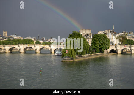 France, Paris, Rainbow over the Pont Neuf, Ile de la Cité and the Seine Stock Photo