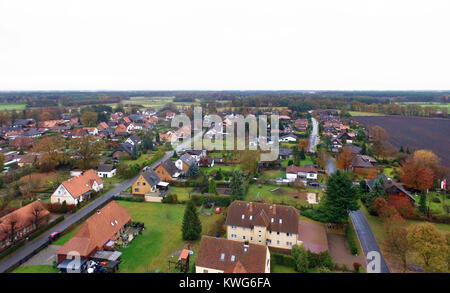 Aerial photograph of a suburb in Germany with houses, streets and gardens Stock Photo