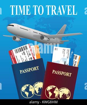 Air travel international vacation concept. Business travel banner with airline tickets and realistic airplane. Vector illustration Stock Vector
