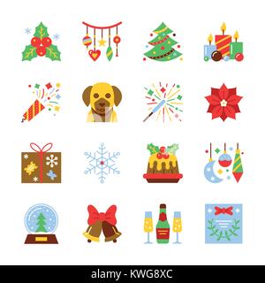 Cristmas and New Year colorful icon set flat style symbol pack. Dog, bell, tree, firework, champagne, garland, candle, snow ball, holly, gift, snowfla Stock Vector