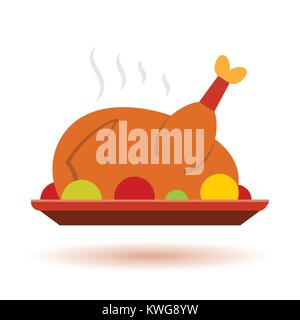 Thanksgiving, Cristmas color Turkey icon with shadow. Holiday diner symbol flat design. Vector sign isolated on white. Logo, print, card, label graphi Stock Vector