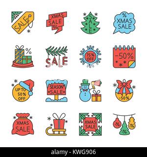 Clearance sale Christmas, New year icon flat set. Winter season offer outline color fill editable stroke. Badge, web, banner, emblem, print, label, po Stock Vector