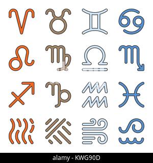 Twelve signs zodiac and four elements water, fire, earth, air thin line icon set. Vector linear symbol pack outline sign color fill. Editable stroke.  Stock Vector