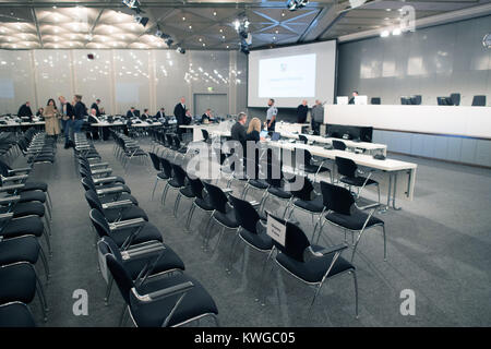 Dusseldorf, Germany. 03rd Jan, 2018. Empty seats stand in the court room in Dusseldorf, Germany, 03 January 2018. On 24 July 2010 21 young people died in the crowd during the techno parade in Duisburg. At least 652 people were injured. Six employees of the city of Duisburg and for employees of the organiser 'Lopavent' are on trial for involuntary manslaughter and bodily injury caused by negligence. Credit: Federico Gambarini/dpa/Alamy Live News Stock Photo