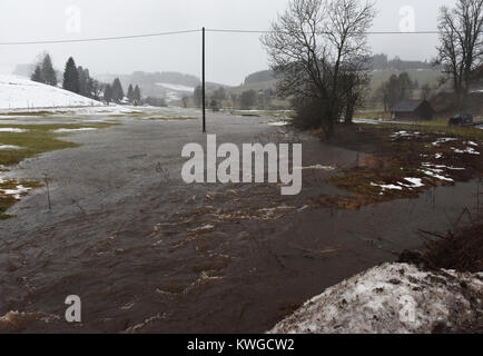 Black Forest, Germany. 3rd Jan, 2018. The Josbach stream burst its banks after heavy rainfalls near Breitnau in the Black Forest, Germany, 03 January 2018. Hurricane-like winds of the storm front 'Burglind' uprooted numerous trees and led to traffic obstructions in the early morning in Baden-Wuerttemberg. Credit: dpa picture alliance/Alamy Live News Stock Photo