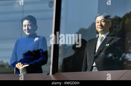 January 2, 2018, Tokyo, Japan - Crown Prince Naruhito and his wife Princess Masako greet thousands of flag-waving well-wishers during a New Years general audience at the Imperial Palace in Tokyo on Tuesday, January 2, 2018. Naruhito is set to ascend the throne on May 1, 2019, starting a new 'imperial era.' (Photo by Natsuki Sakai/AFLO) AYF -mis- Stock Photo