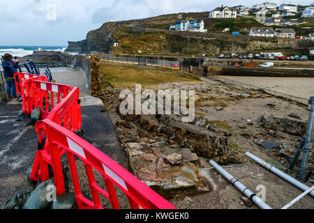 Portreath Harbour, Cornwall. 3rd Jan, 2018. UK Weather:Storm Eleanor, Portreath Harbour, Cornwall, UK. High winds and rough swells from Storm Eleanor crashed through a 40ft section of the harbour wall, leaving debris in it's wake. Credit: James Pearce/Alamy Live News Stock Photo