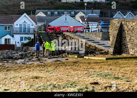 Portreath Harbour, Cornwall. 3rd Jan, 2018. UK Weather:Storm Eleanor, Portreath Harbour, Cornwall, UK. High winds and rough swells from Storm Eleanor crashed through a 40ft section of the harbour wall, leaving debris in it's wake. Credit: James Pearce/Alamy Live News Stock Photo