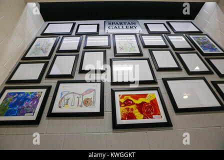 Davenport, Iowa, USA. 14th Sep, 2016. A wall intended to be a rotating gallery of student art is seen as it begins to fill in for the year at Bridgeview Elementary School in Le Claire on Wednesday, September 14, 2016. Bridgeview Elementary in the Pleasant Valley Community School District held an open house after undergoing significant renovation and expansion. Credit: Andy Abeyta/Quad-City Times/ZUMA Wire/Alamy Live News Stock Photo