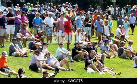 Silvis, Iowa, USA. 15th July, 2017. Fans gather on the hillside of the eighth hole waiting for the leaders group to come through, Saturday, July 15, 2017, during third round action of the John Deere Classic at TPC Deere Run in Silvis. Credit: John Schultz/Quad-City Times/ZUMA Wire/Alamy Live News Stock Photo