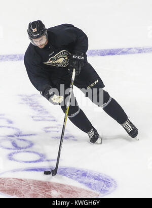 Davenport, Iowa, USA. 5th Oct, 2016. Defenseman Andrew Panzarella (28) moves down the ice toward the goal during the first day of training camp for the Mallards at the iWireless Center in Moline on Wednesday, October 5, 2016. Credit: Andy Abeyta/Quad-City Times/ZUMA Wire/Alamy Live News Stock Photo