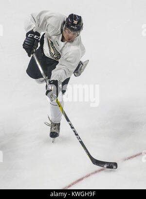 Davenport, Iowa, USA. 5th Oct, 2016. Forward Nelson Gadoury (19) takes a shot during the first day of training camp for the Mallards at the iWireless Center in Moline on Wednesday, October 5, 2016. Credit: Andy Abeyta/Quad-City Times/ZUMA Wire/Alamy Live News Stock Photo