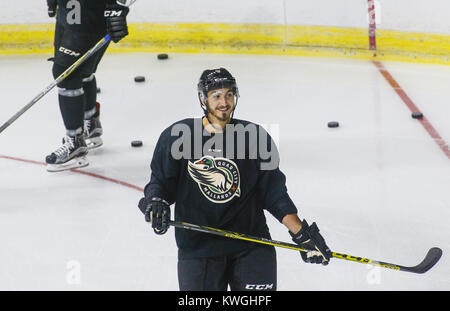 Davenport, Iowa, USA. 5th Oct, 2016. Defenseman Mike Monfredo (4) smiles after running a drill during the first day of training camp for the Mallards at the iWireless Center in Moline on Wednesday, October 5, 2016. Credit: Andy Abeyta/Quad-City Times/ZUMA Wire/Alamy Live News Stock Photo