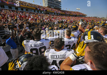 Ames, Iowa, USA. 9th Sep, 2017. Iowa Hawkeyes players celebrate winning their game against the Iowa State Cyclones at Jack Trice Stadium in Ames on Saturday, September 9, 2017. Credit: Andy Abeyta, Quad-City Times/Quad-City Times/ZUMA Wire/Alamy Live News Stock Photo