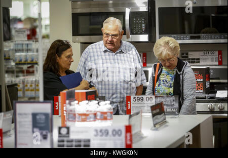 Davenport, Iowa, USA. 2nd Sep, 2016. Major Appliance Specialist Tina Schmitt helps Brian and Shirley Ballard of Bettendorf look though appliances at JCPenney in NorthPark mall in Davenport on Friday, September 2, 2016. JCPenney is re-enterting the major appliance business in a phased 500-store program nationwide with the NorthPark location being one of the stores now offering the major appliance department. Credit: Andy Abeyta/Quad-City Times/ZUMA Wire/Alamy Live News Stock Photo
