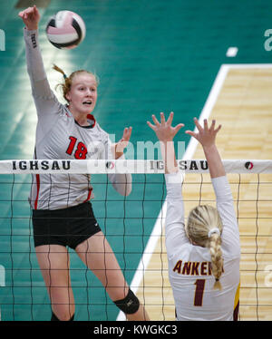 Cedar Rapids, Iowa, USA. 10th Nov, 2016. Cedar Falls' Cynthia Wolf (18) makes a kill during Cedar Falls vs Ankeny Class 5A semifinal-round state volleyball action played Thursday, Nov. 10, 2016, at the US Cellular Center in Cedar Rapids, Iowa. Credit: Andy Abeyta/Quad-City Times/Quad-City Times/ZUMA Wire/Alamy Live News Stock Photo