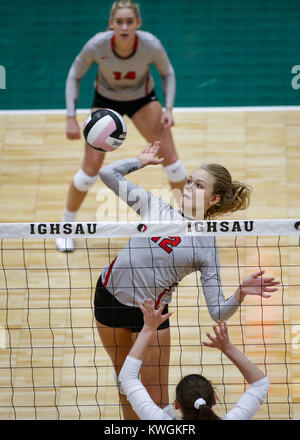 Cedar Rapids, Iowa, USA. 10th Nov, 2016. Cedar Falls' Claire Gerdes (12) returns a ball during Cedar Falls vs Ankeny Class 5A semifinal-round state volleyball action played Thursday, Nov. 10, 2016, at the US Cellular Center in Cedar Rapids, Iowa. Credit: Andy Abeyta/Quad-City Times/Quad-City Times/ZUMA Wire/Alamy Live News Stock Photo