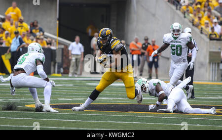 Iowa City, Iowa, USA. 16th Sep, 2017. Iowa Hawkeyes tight end T.J. Hockenson (38) braces for a hit from North Texas safety Kishawn McClain (6) during the second quarter of their game at Kinnick Stadium in Iowa City on Saturday, September 16, 2017. Credit: Andy Abeyta, Quad-City Times/Quad-City Times/ZUMA Wire/Alamy Live News Stock Photo