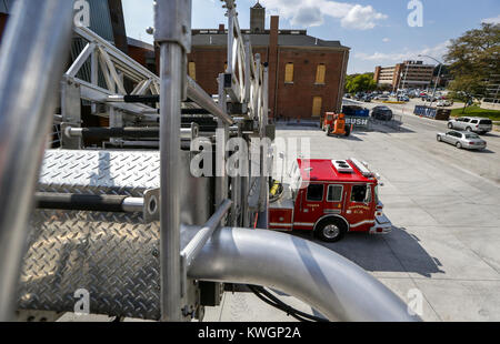 Davenport, Iowa, USA. 15th Sep, 2016. The 100-foot ladder truck is seen from the bucket at the Central Fire Station in Davenport on Thursday, September 15, 2016. The $15.2 million two-story addition/renovation of the 114-year-old Central Fire Station at 331 Scott St. includes five drive-through bays for engines, a four-story training tower, and private rooms for firefighters. The original downtown fire station right next door is expected to have its makeover finished by October. Credit: Andy Abeyta/Quad-City Times/ZUMA Wire/Alamy Live News Stock Photo