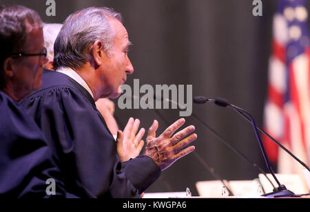 Davenport, Iowa, USA. 12th Oct, 2017. Justice Brent Appel of the Iowa Supreme Court asks a question during oral arguments precented by attorney for the appellant, Courtney Wilson of Davenport, Thursday, October 12, 2017, during a special session of the Iowa Supreme Court held in the Performing Arts Center at Davenport Central High School. The case is the State of Iowa v. Carlos Ariel Gomez Garcia. Credit: John Schultz/Quad-City Times/ZUMA Wire/Alamy Live News Stock Photo