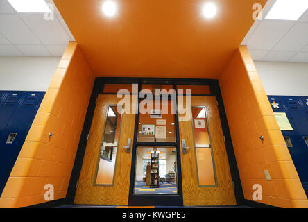 Davenport, Iowa, USA. 14th Sep, 2016. The entrance to the renovated library at Bridgeview Elementary School is seen as photographed in Le Claire on Wednesday, September 14, 2016. Bridgeview Elementary in the Pleasant Valley Community School District held an open house after undergoing significant renovation and expansion. Credit: Andy Abeyta/Quad-City Times/ZUMA Wire/Alamy Live News Stock Photo