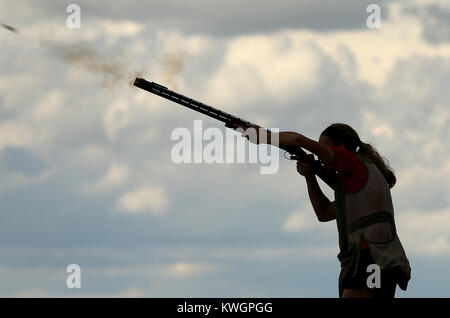 Dewitt, Iowa, USA. 19th June, 2017. North Scott's Trap Shooting team member Grace Bjustrom 15, fires on a target, Monday, June 19, 2017, during practice at the Clinton County Sportsmen Club near DeWitt. Credit: John Schultz/Quad-City Times/ZUMA Wire/Alamy Live News Stock Photo