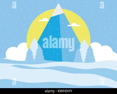 Mountain, winter landscape in a flat style. Snow-capped peaks, sun and clouds. Vector illustration Stock Vector