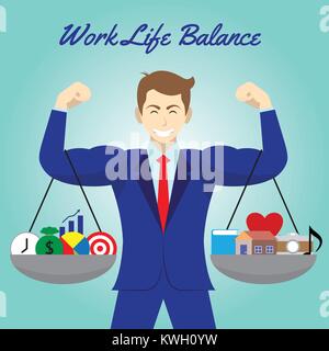 Vector Business Concept As Illustration Of Five Business Icons And Five Leisure Icons Hanging On Both Arms Of Muscular Businessman Equally Level. Stock Vector