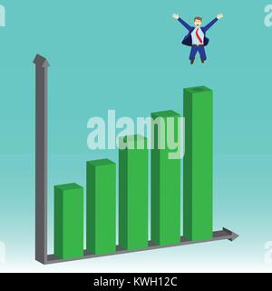 Business Concept As A Businessman Is Jumping On Growth Bar Graph. He Is Proud Of Self Performance, Delightful And Enjoying The New Growth Of Profit. Stock Vector