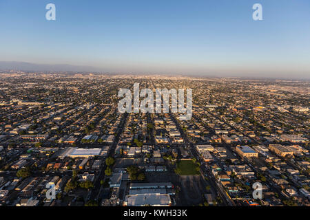 Late afternoon aerial view of buildings and streets in south Los Angeles, California. Stock Photo