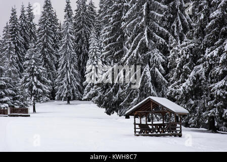 Vacant snow covered wooden table and benches in winter snow in a park. Recreation picnic area Stock Photo